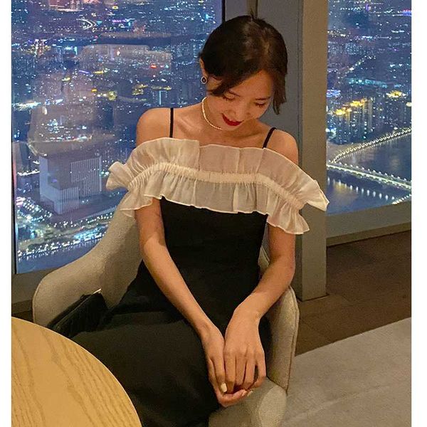 

casual dresses french gauze patchwork halter dress 6-88650, Black;gray