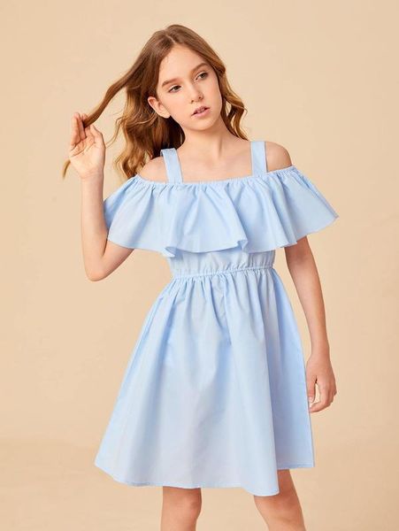 

girls cold shoulder ruffle overlay dress she, Red;yellow
