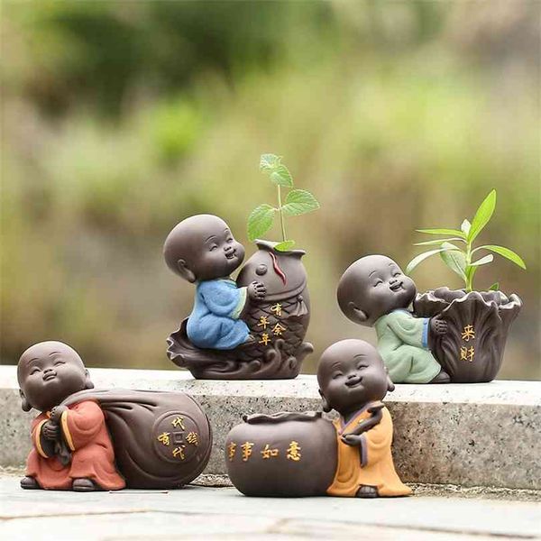 Cerâmico Tea Pet Ornaments Pequeno Estátua de Buda Monk Figurine Desktop Flor Potenciômetro Hidropônico Planta Decoração Acessórios 210827