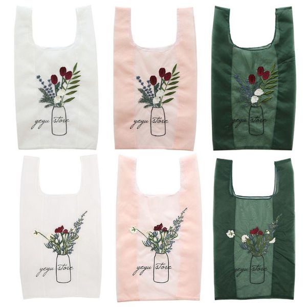 

embroidery handy shopping bags reusable tote pouch recycle storage handbags