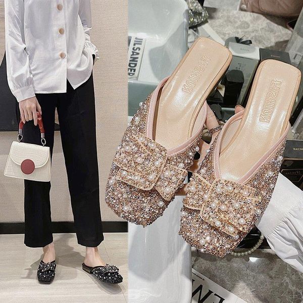 

all-match women's shoes, slippers, baotou half summer outer wear, square toe british style x727 slippers, Black