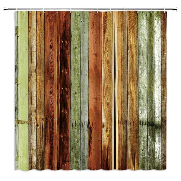

rustic wooded shower curtain country farmhouse western brown gray green wood plank wall retro vintage barn door antique fabric