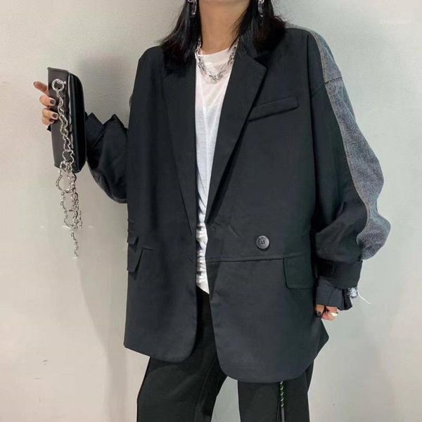 

[ewq] 2021 autumn streetwear long sleeve plus size patchwork denim contrast color suit jacket korea style ladies office coat women's su, White;black