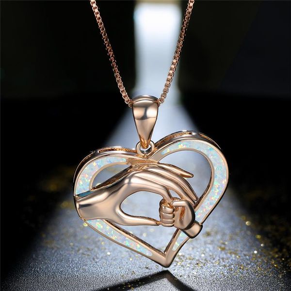 

pendant necklaces boho female hand in necklace rose gold silver color chain cute white blue opal heart for women