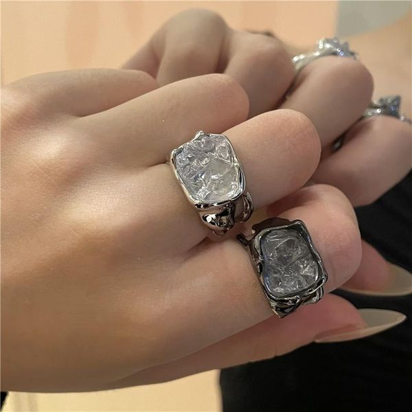 

wedding rings korean fashion wide black silver color plated irregular textured crystal ring for women personality punk party jewelry gifts, Slivery;golden