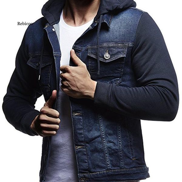 

men's jackets fall fashion jeans jacket hooded denim solid color pocket casual clothes, Black;brown