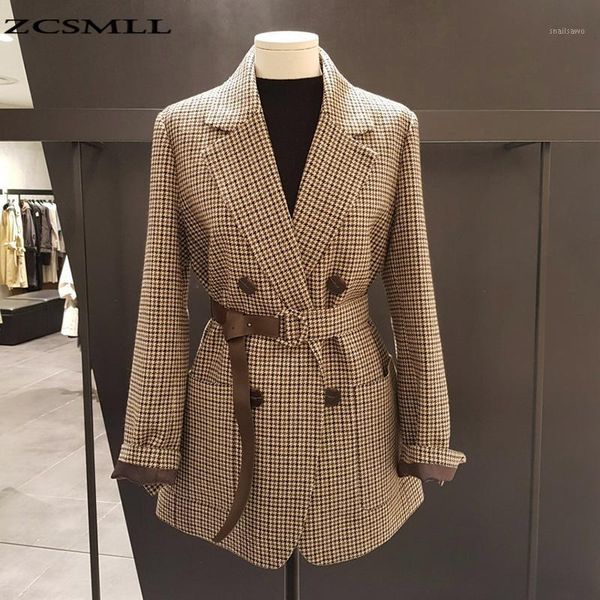 

korean plaid women work blazer jacket casual double-breasted sashes suit female 2021 slim outwear women's suits & blazers, White;black