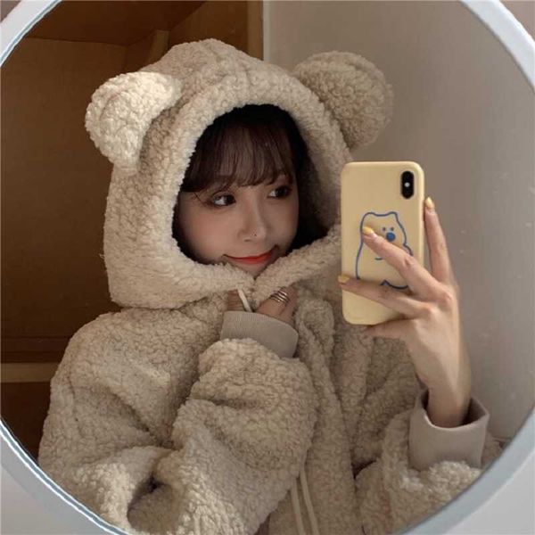 

korea ulzzang winter ins velvet solid color cute sweet chic vintage long sleeve loose fun autumn harajuku hooded sweatshirt 210608, Black