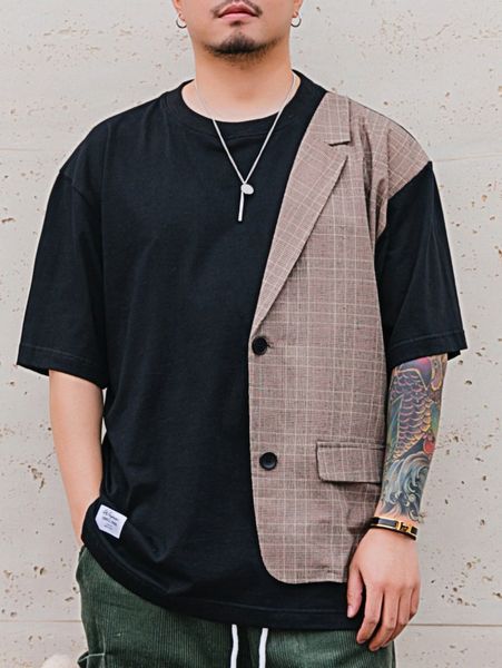 

extended sizes men plaid print patched drop shoulder 2 in 1 e13y#, White;black