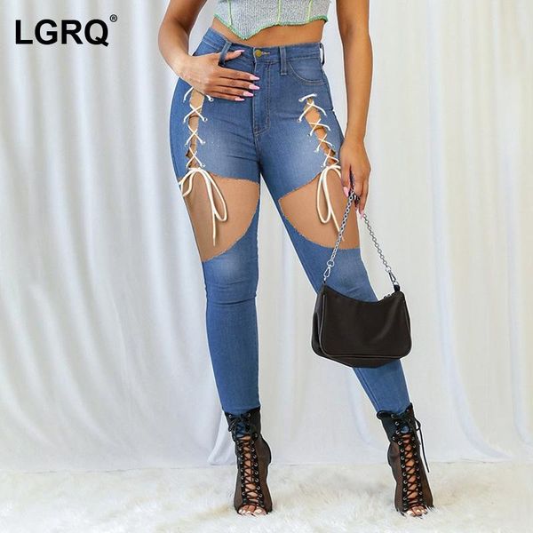 

women's jeans [lgrq] high waist blue hollow out bandage slim pencil arrival women trousers fashion tide spring autumn 2021 19d2470