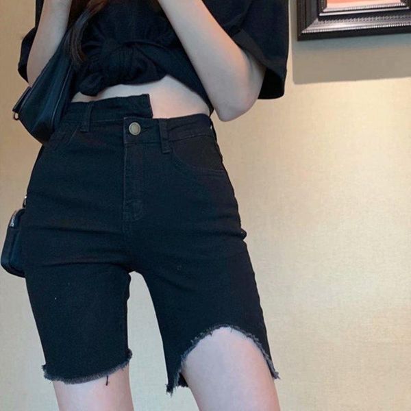 

women's jeans high waist straight denim shorts fashion black irregular frayed woman summer casual slim women 2021, Blue
