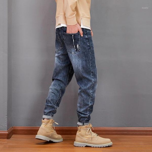 

men's jeans korean style fashion men autumn ly designer elastic retro blue ripped embroidery denim harem pants