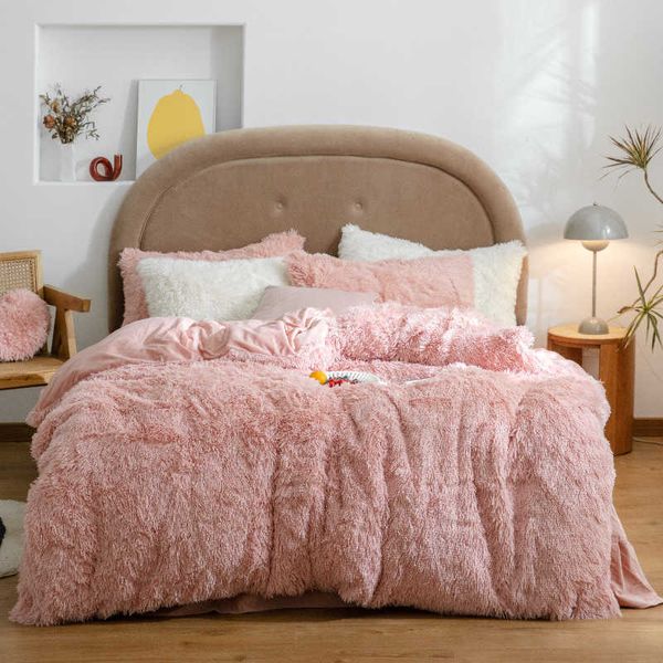 Set biancheria da letto in pelo di visone lungo lungo + copripiumino in pile di cashmere addensare lino caldo (senza imbottitura) rosa dolce 210615