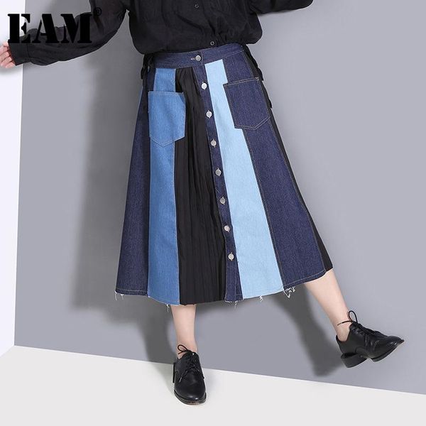 

skirts [eam] high elastic waist blue contrast color denim holiday half-body skirt women fashion tide spring autumn 2021 1de1092, Black