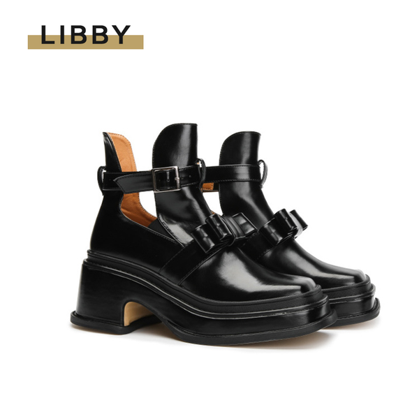 

boots 2021 british fashion platform mary janes shoes women pu leather square head thick heel bowknot hollow motorcycle, Black