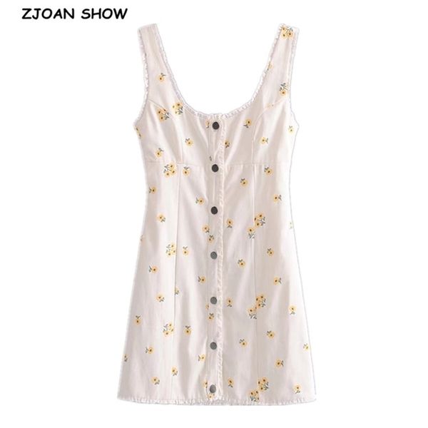 

women sun flower print sleeveless mini dress white sweet spliced wood ears ruffles front center button slim fit tank party 210429, Black;gray