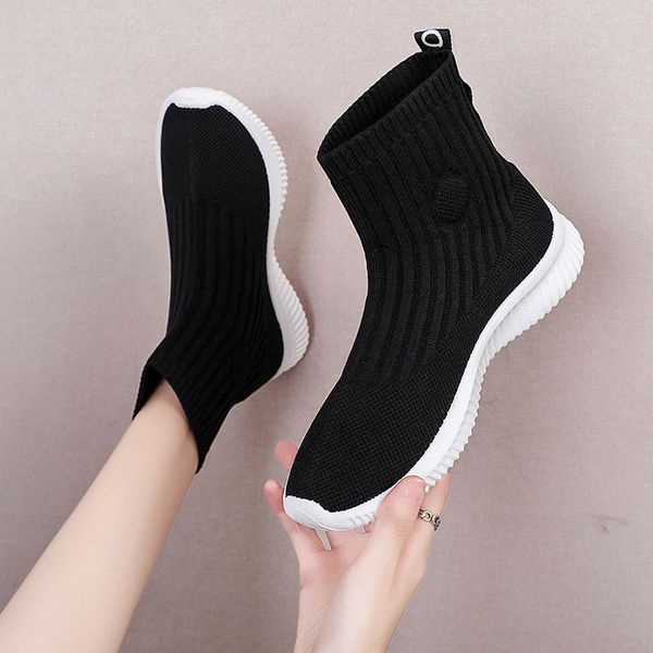 

sock shoes woman autumn platform boots womens casual sport boot elastic weaven booties block heel female footware black