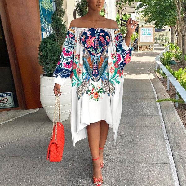

casual dresses women off shoulder slash neck streetwear dress spring autumn lantern sleeve female print loose asymmetrical, Black;gray