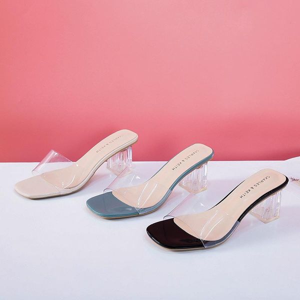 

summer new style korean crystal thick heel with transparent breathable comfortable sandals and slippers women's shoes, Black