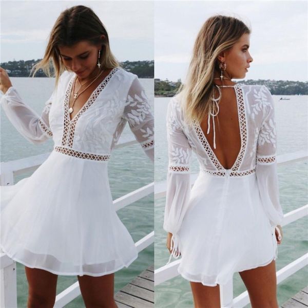 

casual dresses hirigin women backless long sleeve dress prom cocktail white lace v neck mini, Black;gray