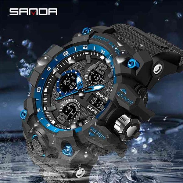 Mens Watch Sanda Marca Relógio de Pulso Luxo Dual Tempo Duplo Cronômetro Militar Esporte Relógios De Pulso Moda Masculino Relógios Relógios À Prova de Choque 210804