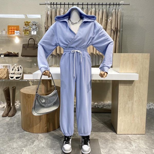 

brand original design cross-zipper short loose hooded hoodie + drawstring high waist strap foot casual sports pants suit women's two pi, White