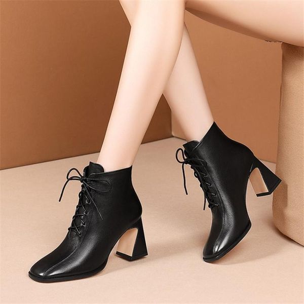 

boots pxelena 2021 autumn winter brand women real genuine leather ankle lace up high heels shoes daily work plus size 34-41, Black