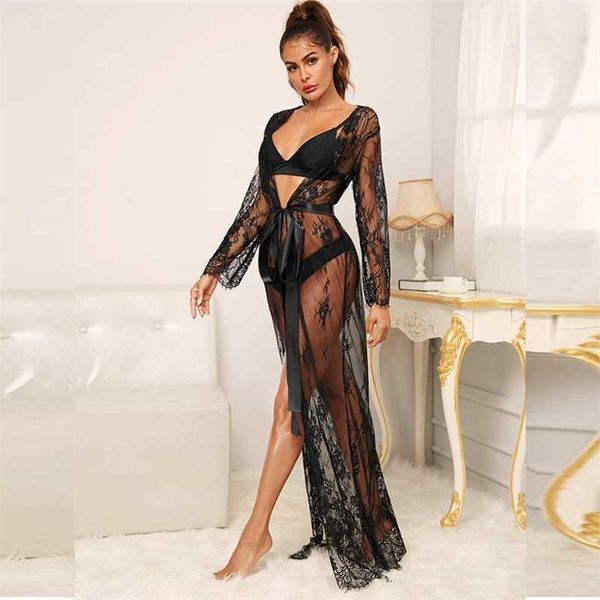 

underwear women temptation dress custom-made lace mesh bathrobe 211203, Black;white