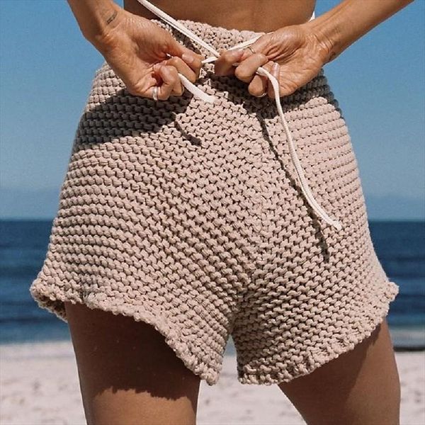 

summer high waist knitted women short casual wild solid color elastic slim fit straight leg for beach vacation, White;black