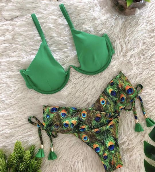 

women's swimwear 2021 peacock print swimsuit push up bikinis mujer halter women swimming suit for swim bather, White;black