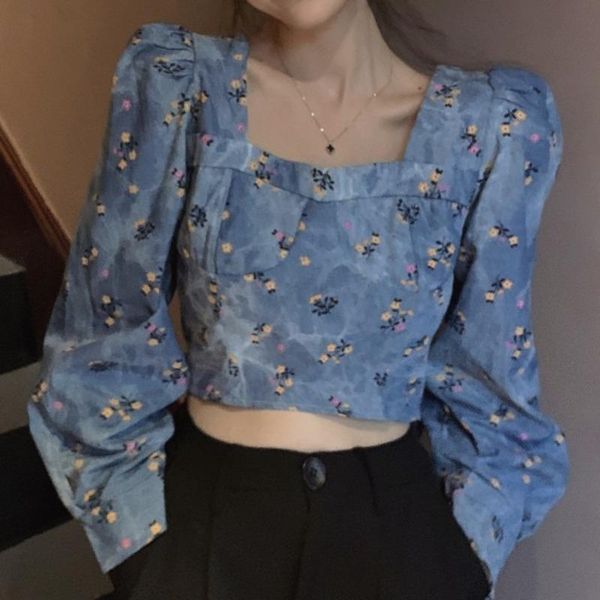 

women's blouses & shirts french square neck bubble long sleeve denim shirt autumn dress fashion foreign style short floral clothes, White