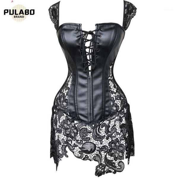 

bustiers & corsets 2021 women steampunk faux leather waist cincher lace up boned bustier corset dress overbust brocade plus size s-, Black;white