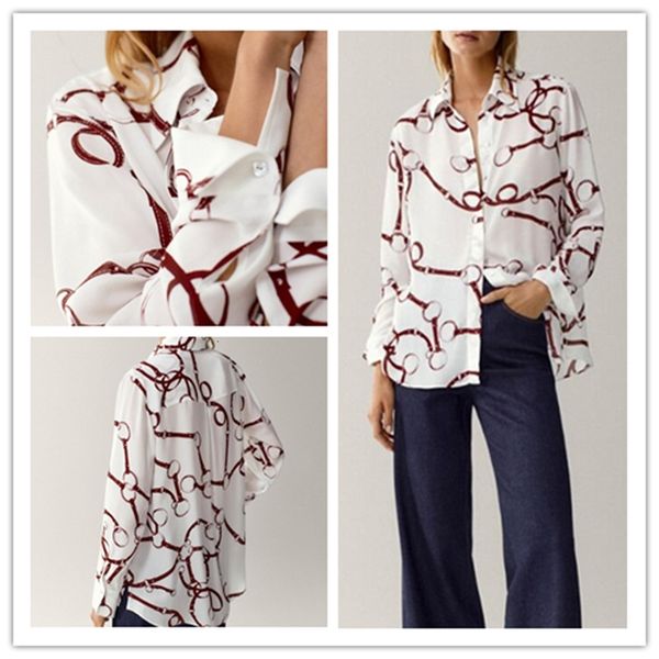 

shirt 2021 autumn chain print ladies casual ozb9, White