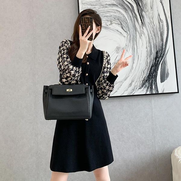

casual dresses knitted women dress designed houndstooth long sleeve patch work button a-line office ladies elegant autumn winter, Black;gray