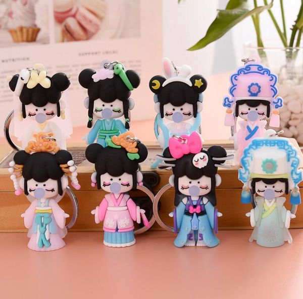 

8 style cute girls cartoon pendant keyring keychains pvc soft plastic creativity metal key chains car keyrings bag accessories gifts, Slivery;golden