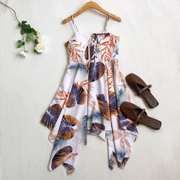 

summer women beach style spaghetti strap prtint dress a-line slim high waist irregular female clothing 210513, Black;gray