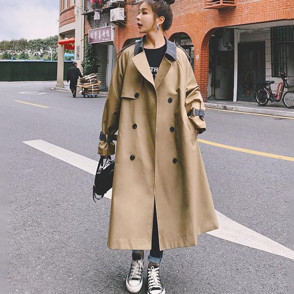 

women's trench coats khaki windbreaker long 2021early spring autumn loose plaid lapel double-breasted high-quality lining fashion coat, Tan;black