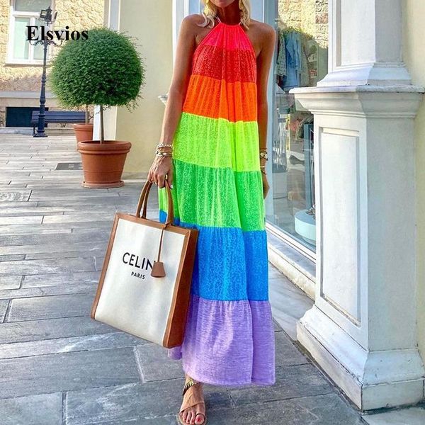 

summer sleeveless women boho party dress fashion elegant halter loose maxi spring casual rainbow striped print long dresses, Black;gray
