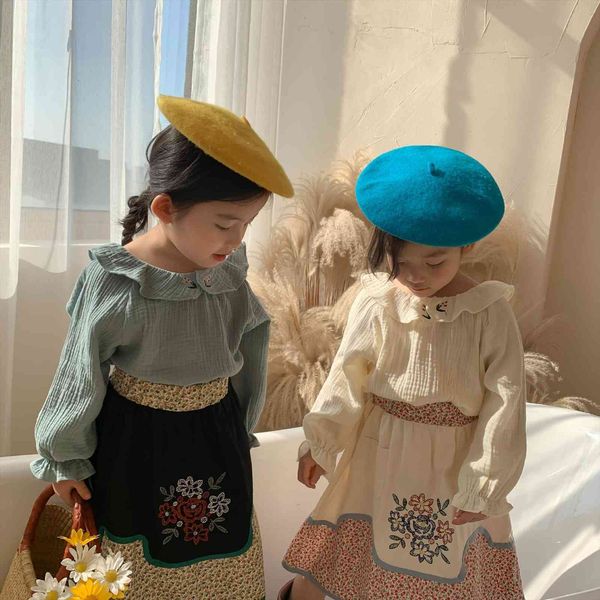 

spring baby girls embroidery floral blouses ruffles collar korean style pure color toddlers kids princess shirts, White;black
