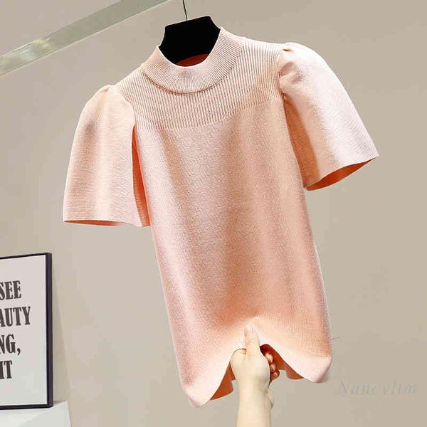 

t shirt vintage short sleeve slim fit knitwear women's temperament all-match solid color basic elegant ladies cloth ropa mujer, White
