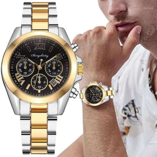 

wristwatches men watch 2021 casual quartz round wrist business fashion stainless steel band watches for male folding buckle reloj hombre, Slivery;brown
