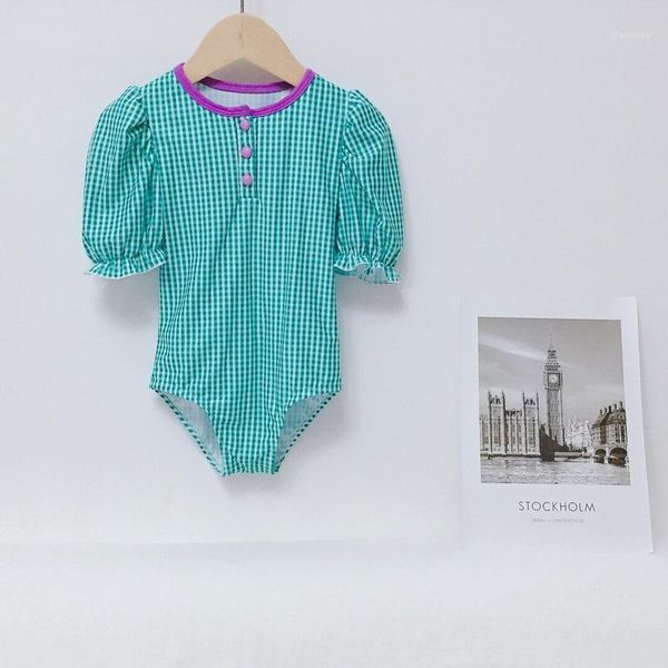 

summer teenagers girls swimwear one piecegreen plaid swimsuit children clothes e1630 one-pieces, Black