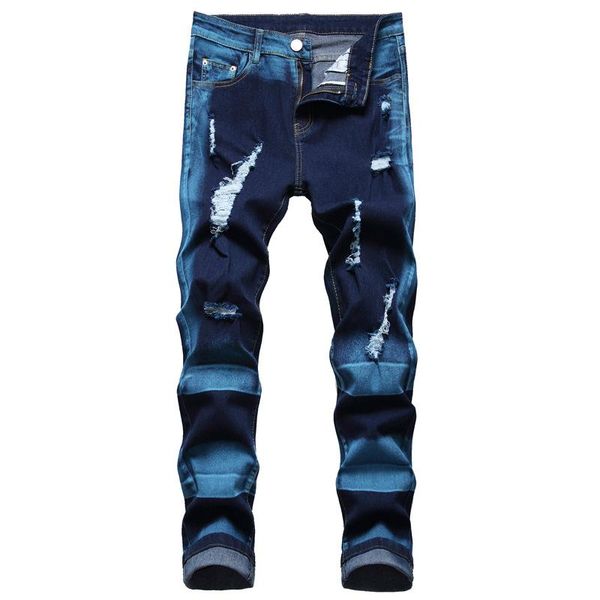

hole panelled denim jeans men vintage slim stretch daily outwear full length ripped cowboy pencil pants male spring summer men's, Blue