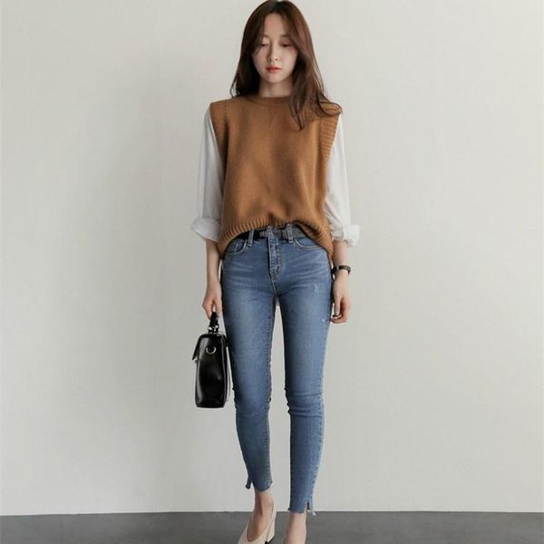 

women's vests 2021 autumn wool knitted vest solid women o-neck sleeveless sweater oversize pullover casual tank, Black;white