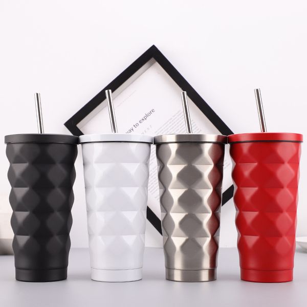 

double layer 304 stainless steel tumblers gradient color rhombus straw cup vacuum portable coffee mug 520ml insulated thermos cup
