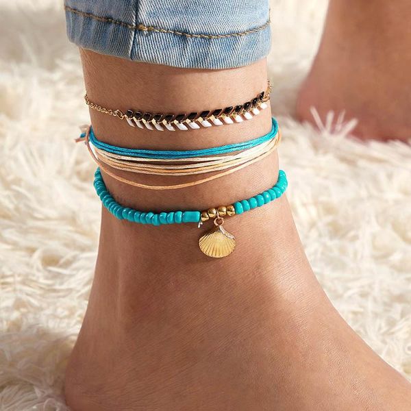 

anklets vintage shell beads for women multi layer rope chain anklet leg bracelet bohemian beach ankle jewelry gift, Red;blue