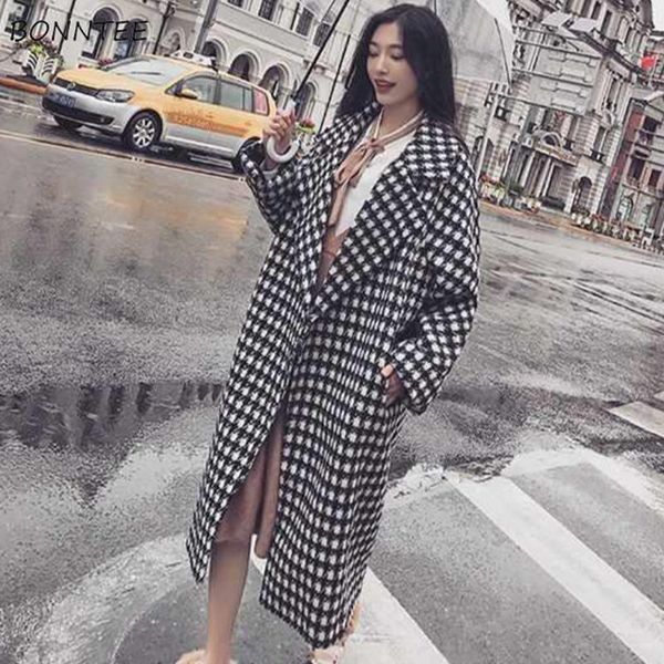 

women's wool & blends women winter plaid vintage retro long sleeve open stitch loose pockets overcoat elegant lady female warm casual c, Black