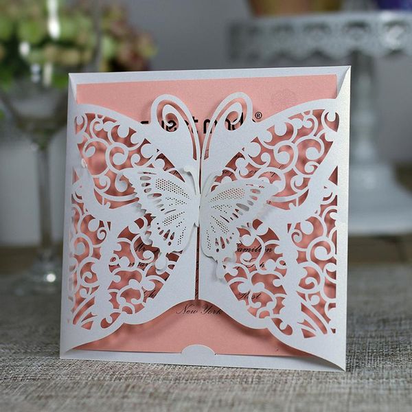 

greeting cards 50pcs/pack hollow out wedding invitation card 3d butterfly carved pattern 250gsm shiny baptism bithday party supply