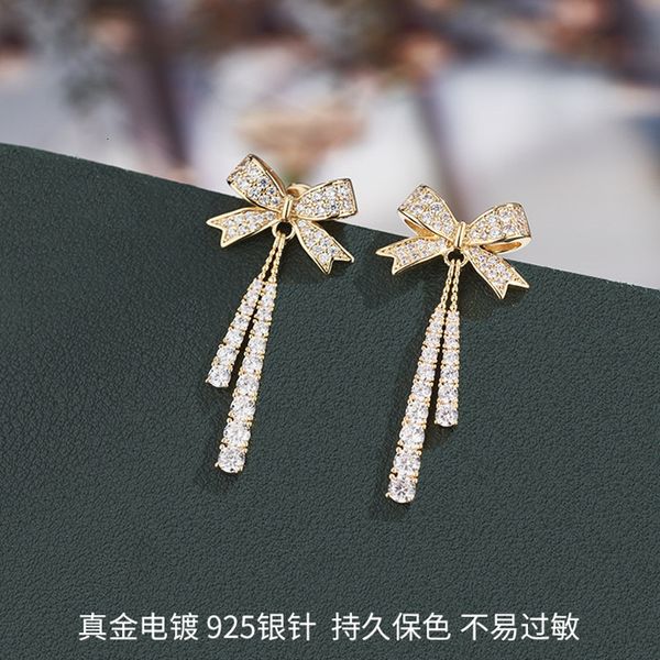 

bowknot tassel earrings women's advanced temperament 925 sier needle live broadcast in 2021, Golden