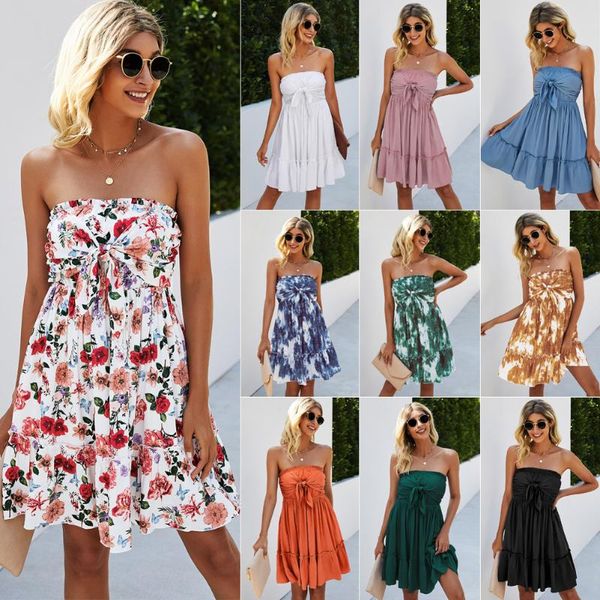 

casual dresses dress women tied dyed chest wrapping bow print fashion mini summer vestidos mujer, Black;gray